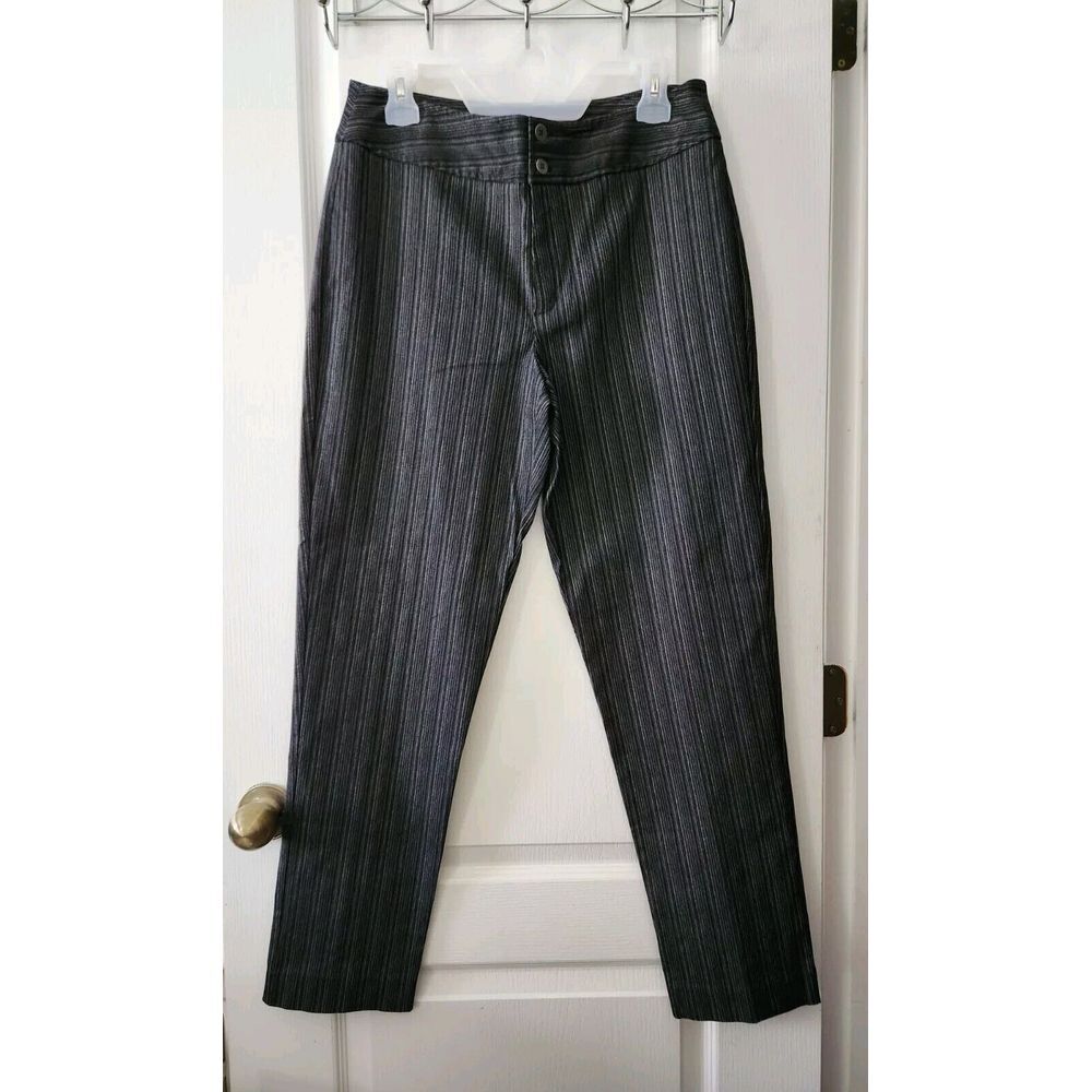 Chico's Design Womens Pants Black Striped Two Button Stretch High Rise Size 2